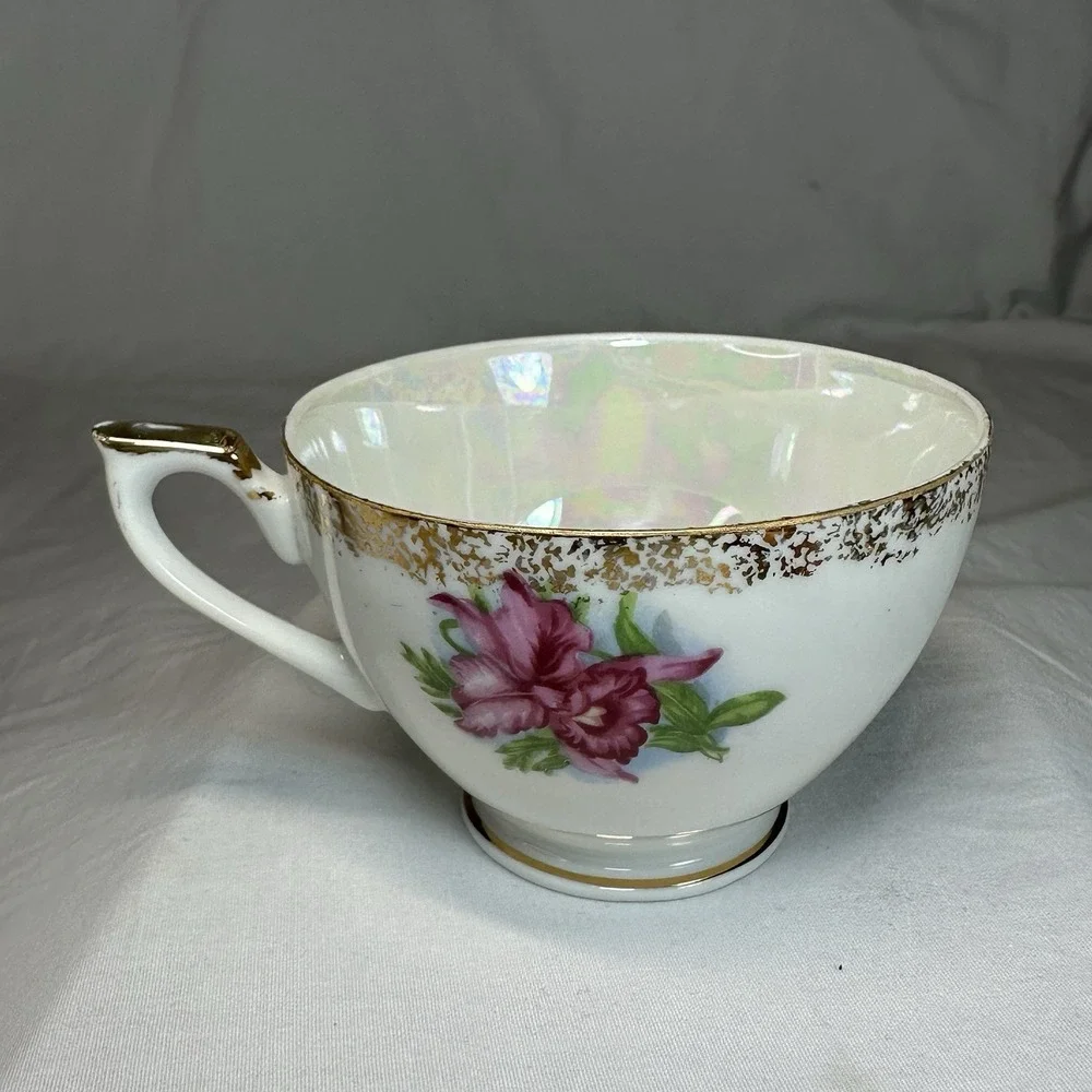 Iridescent Pink Orchid Tea Cup Reticulated Saucer‎ Lusterware Grandmillennial